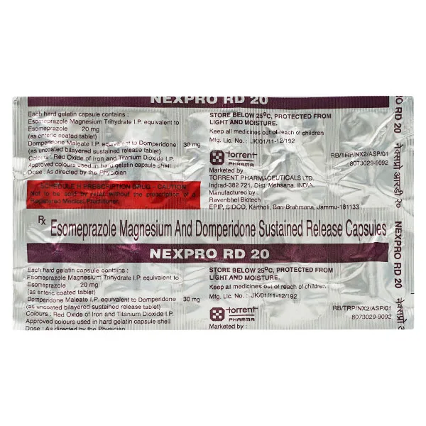 Nexpro RD 20mg Capsule SR strip - Esomeprazole 40mg and Domperidone 30mg