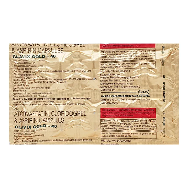 Clavix Gold 40mg Capsule strip - Atorvastatin, Clopidogrel and Aspirin
