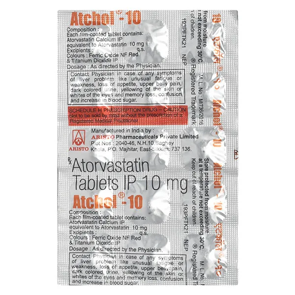Atchol-10 Tablet, Atorvastatin 10mg, Cholesterol Medicine, Statin Tablet, Lipid Control, Aristo Pharma