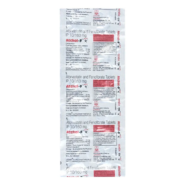 Atchol-F Tablet, Atorvastatin Fenofibrate tablet, cholesterol control medicine, triglyceride reducer, lipid-lowering medicine, Aristo Pharma Atchol-F, Atchol-F uses, Atchol-F price