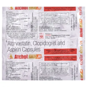 Atchol Gold 10 Capsule, Atchol Gold Aristo Pharma, cholesterol medicine, atorvastatin clopidogrel aspirin capsule, heart health tablet, Atchol Gold 10 price