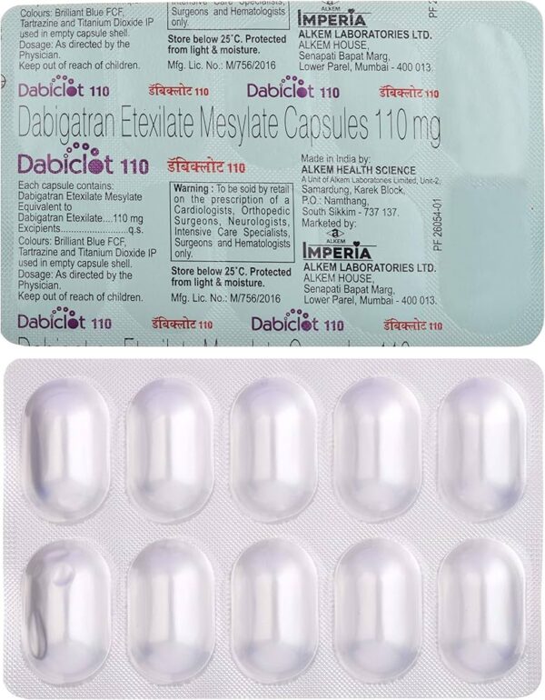 Dabiclot 110 Capsule, Dabiclot 110 uses, Dabiclot 110 price, Dabiclot 110 side effects, Dabigatran 110mg capsule, Alkem Pharma, blood thinner medicine, anticoagulant capsule
