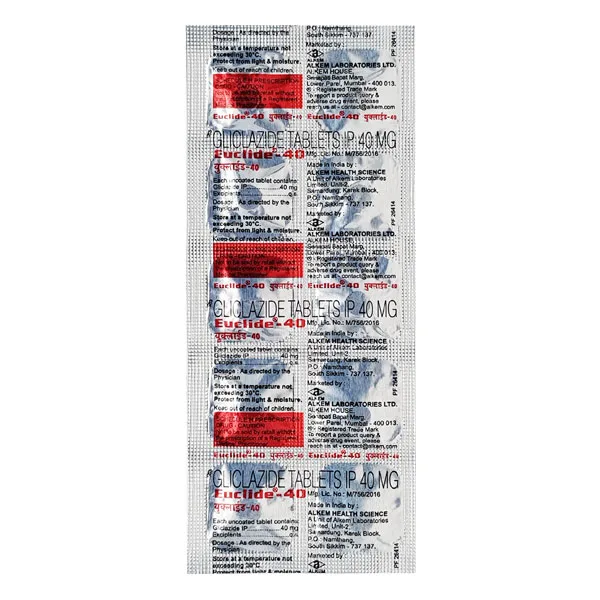 Euclide-40 Tablet, Euclide 40 price, Euclide 40 uses, Euclide 40 side effects, Gliclazide 40mg tablets, Alkem Pharma diabetes medicine