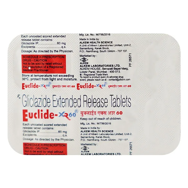 Euclide XR 60 Tablet, Euclide XR 60 uses, Euclide XR 60 price, Euclide XR 60 side effects, Gliclazide 60mg extended release tablets, Alkem Pharma diabetes medicine