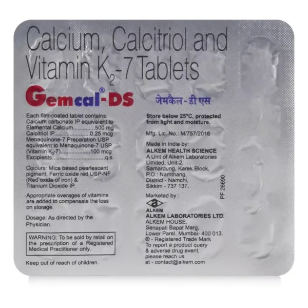 Gemcal-DS Tablet, Gemcal-DS Tablet uses, Gemcal-DS Tablet benefits, Gemcal-DS Tablet side effects, Gemcal-DS Tablet price, Gemcal-DS Tablet composition, Gemcal-DS Alkem Pharma, Gemcal-DS dosage, Calcium + Vitamin D3 + Vitamin K2 supplement