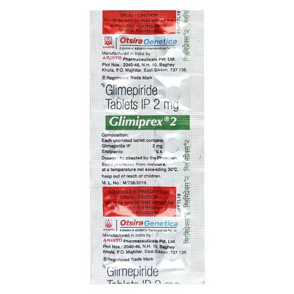 Glimiprex 2 Tablet, Glimepiride 2mg, Diabetes Medicine, Type 2 Diabetes Control, Blood Sugar Tablet, Aristo Pharma