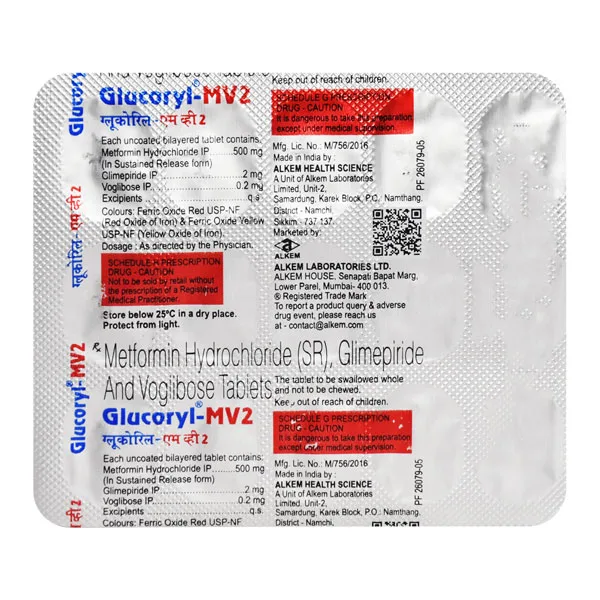Glucoryl-MV 2 Tablet, Glucoryl-MV 2 Tablet uses, Glucoryl-MV 2 Tablet price, Glucoryl-MV 2 Tablet side effects, Glimepiride+Metformin+Voglibose, Alkem Pharma diabetes tablet