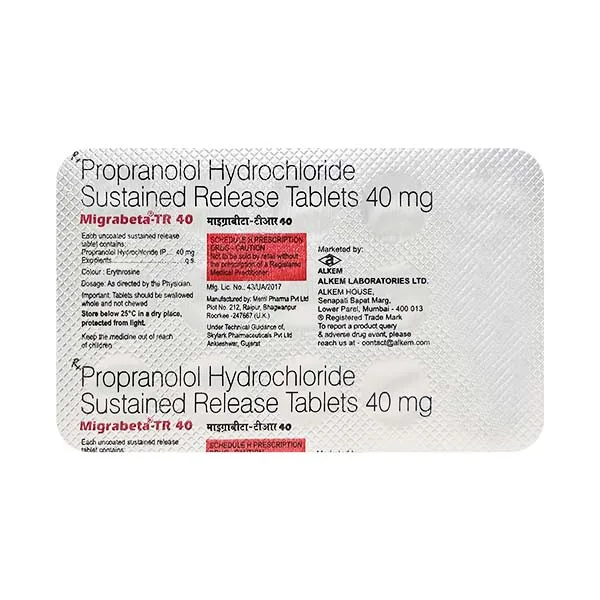 Migrabeta-TR 40 Tablet, Propranolol 40mg sustained release, Migrabeta TR 40 price, Migrabeta TR 40 uses, Migrabeta TR 40 side effects, Migrabeta Alkem