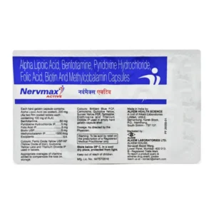 Buy Nervmax Active Capsule by Alkem Pharma for nerve pain, neuropathy, and vitamin deficiency. Learn its uses, benefits, dosage, side effects, precautions, and price.
