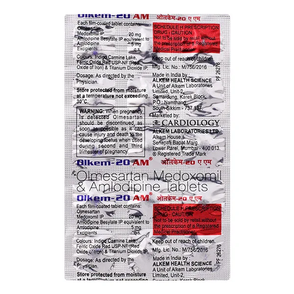 Olkem-20 AM Tablet, Olkem 20 AM uses, Olkem 20 AM benefits, Olkem 20 AM side effects, Olkem 20 AM price, Olkem 20 AM Alkem Pharma, Olmesartan Amlodipine tablet