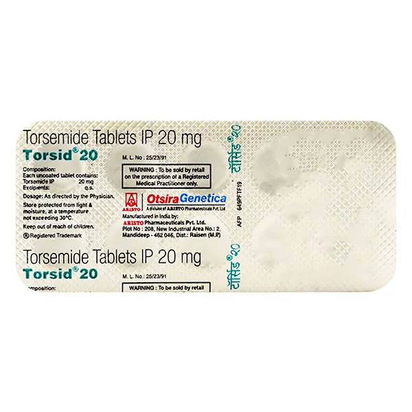 Torsid 20 Tablet, Torasemide 20mg, Torsid 20 uses, Torsid 20 price, Aristo Pharma Torsid, Torsid 20 side effects, Torsid 20 dosage