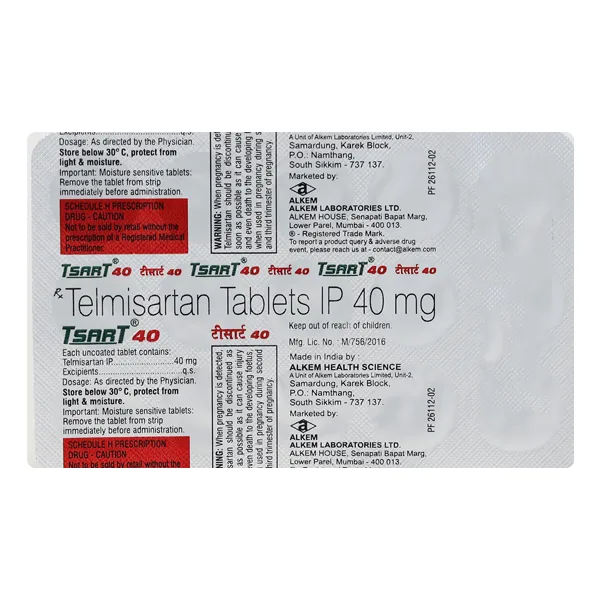 Tsart 40 Tablet, Tsart 40 Tablet price, Telmisartan 40mg, Alkem Pharma Tsart 40, Tsart 40 online, hypertension medicine