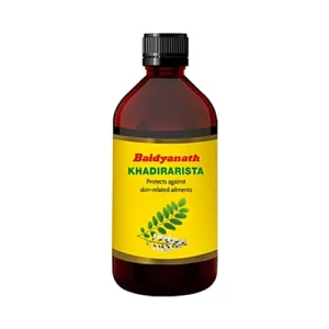 Baidyanath Khadirarista, Khadirarista benefits, Ayurvedic medicine for skin health, blood purifier Ayurvedic tonic, detoxification Ayurvedic syrup, Khadirarista uses, Ayurvedic skin care tonic, herbal blood purifier, Baidyanath Ayurvedic tonic, skin wellness Ayurvedic medicine