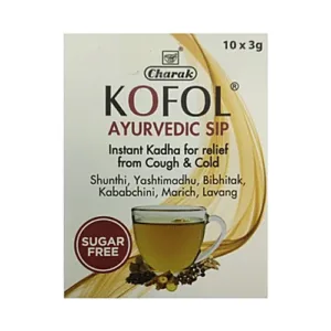 Kofol Ayurvedic Sip Instant Kadha, Charak Kofol Kadha, instant kadha sachet, Ayurvedic immunity drink, herbal immunity booster, respiratory health drink, Tulsi kadha, Ayurvedic wellness drink, throat soothing kadha, herbal kadha for immunity, Charak Kofol Sip benefits