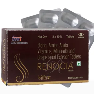 Renocia Tablet with Biotin Amino, Renocia Tablet, Biotin Tablet, Hair Growth Supplement, Hair Skin Nail Supplement, Amino Acid Supplement, Biotin Hair Tablet, Hair Nutrition Supplement, Nail Strength Supplement, Healthy Skin Supplement, Multivitamin for Hair, Renocia Uses, Renocia Benefits, Biotin and Amino Acid Tablet, Hair Fall Nutritional Support, Alkem Laboratories Products, Hair Wellness Supplement, Skin Health Supplement, Nail Health Tablet, Daily Hair Supplement.