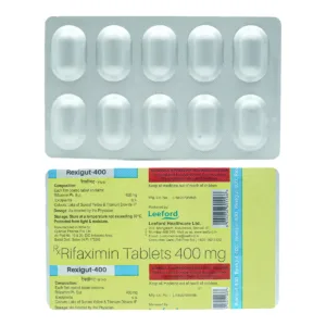 Rexigut 400mg Tablet, Rexigut 400 uses, Rifaximin 400 mg Tablet, traveler’s diarrhea medicine, intestinal infection treatment, gut antibiotic tablet, digestive health medicine, gastrointestinal infection treatment, SIBO treatment tablet, bacterial overgrowth medicine, Rifaximin tablet uses, prescription intestinal antibiotic, diarrhea treatment medicine, digestive disorder tablet.