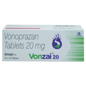 Vonzai 20 Tablet, Vonzai Tablet, Vonoprazan 20 mg Tablet, Vonoprazan Tablet, P-CAB Medicine, Potassium Competitive Acid Blocker, GERD Medicine, Acid Reflux Tablet, Heartburn Relief Medicine, Gastric Ulcer Medicine, Duodenal Ulcer Treatment, Acidity Medicine, Vonzai 20 Uses, Vonzai 20 Benefits, Prescription Acid Suppressant, Alkem Laboratories Products, Erosive Esophagitis Treatment, Stomach Acid Control Medicine, Gastrointestinal Medicine, Acid-Related Disorder Treatment.