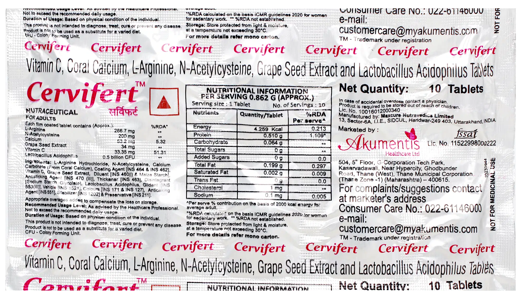 Cervifert Tablet 10s strip - L-Arginine, NAC, Vitamin C and calcium